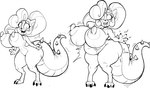 3_toes 4_fingers anthro belly belly_expansion bent_legs big_butt blush breast_expansion breasts butt butt_expansion claws ear_piercing ear_ring expansion fangs feet female fingers growth horn nails nervous_smile piercing ring_piercing solo surprised_expression tail tail_growth teeth thick_thighs toe_claws toes transformation dongitos activision crash_bandicoot_(series) coco_bandicoot bandicoot hybrid mammal marsupial scalie 2025 hi_res monochrome