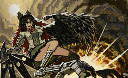 accessory avian_legs black_hair black_wings bottomwear bow_ribbon breasts clothing cybernetic_leg cybernetic_limb cybernetic_wing cybernetics explosion feathered_wings feathers female green_bottomwear green_clothing green_skirt hair hair_accessory hair_bow hair_ribbon machine mismatched_wings open_mouth open_smile red_eyes red_hair ribbons skirt smile smoke solo wings 103anon european_mythology greek_mythology mythology touhou utsuho_reiuji animal_humanoid avian avian_humanoid harpy harpy_humanoid humanoid mythological_avian mythological_creature hi_res