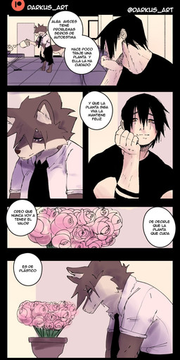 anthro black_border black_bottomwear black_clothing black_hair black_necktie black_nose black_pants black_shirt black_topwear border bottomwear brown_body brown_fur clothing dialogue duo female flower fur hair half-closed_eyes happy inside looking_at_another looking_at_object male narrowed_eyes necktie pants plant plastic rose_(flower) shirt standing tail text topwear watering_can watering_flower white_body white_clothing white_fur white_shirt white_topwear yellow_eyes darkus_art alba_(darkus_art) canid canine canis human mammal wolf comic hi_res spanish_text translated