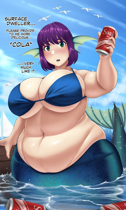 belly beverage beverage_can big_breasts bikini bikini_top blue_body blue_scales blush boat breasts can cleavage clothed clothing cola container curvy_figure fat_arms female fin floating_object gradient_eyes green_eyes hair head_fin holding_can holding_container holding_object huge_hips light_body light_skin looking_at_viewer love_handles navel open_mouth outside overweight overweight_female overweight_humanoid partially_submerged purple_hair requesting scales sea sky soda solo split_form swimwear tail talking_to_viewer text two-piece_swimsuit vehicle water watercraft wide_hips toroboro aquatic avian bird gull humanoid lari larid mammal merfolk 2019 3:5 absurd_res english_text hi_res source_request unavailable_at_source