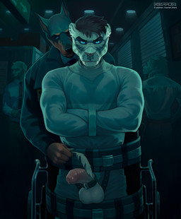 5_fingers anthro anthro_on_anthro balls belt bindings biped bodily_fluids cart casing ceiling ceiling_lamp claws clothed clothed_anthro clothed_male clothing collared_shirt dark_sclera dominant dominant_male dress_shirt dripping duo_focus erection finger_claws fingers floppy_ears front_view fully_clothed fully_clothed_anthro fully_clothed_male genital_fluids genitals group hair holding_feather hospital humanoid_genitalia humanoid_hands humanoid_penis immobilization interspecies iris jacket lamp light looking_at_viewer loose_feather male male/male male_anthro mask mouth_closed muscular muscular_anthro muscular_male muzzle_(object) muzzled necktie officer pallet penile penis pointy_ears police police_uniform precum precum_drip prisoner pupils restrained restraints shirt snout straitjacket tickling tickling_genitalia tickling_penis topwear uniform hoffersanchez canid canine canis dobermann domestic_dog felid hunting_dog lion mammal pantherine pinscher sighthound tiger absurd_res digital_drawing_(artwork) digital_media_(artwork) english_description hi_res lighting portrait