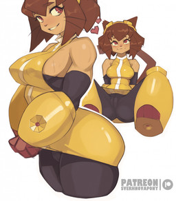 anthro big_breasts biped blush breasts camel_toe clothed clothed_anthro clothed_female clothing female fingers fur hair looking_at_viewer nipple_outline sitting smile solo spread_legs spreading standing tail teeth thick_thighs wide_hips sverhnovapony gameoverse glitch_productions kit_bodega domestic_cat felid feline felis mammal 2026 digital_drawing_(artwork) digital_media_(artwork) hi_res