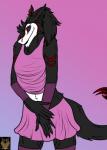 anthro arm_warmers armwear biped black_body black_fur bottomless bottomwear clothed clothing femboy fur gradient gradient_background legwear looking_at_viewer male shirt simple_background skirt solo standing tail tank_top thigh_highs topwear wewo tai-sen mammal sergal 2016 hi_res