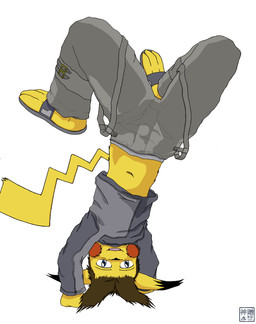 anthro black_body black_fur brown_hair clothed clothing dipstick_ears ear_markings footwear fur hair handstand looking_at_viewer male markings midriff multicolored_ears navel overalls red_body red_cheeks red_fur sandals shoes simple_background solo white_background yellow_body yellow_fur moofers-mufa nintendo pokemon generation_1_pokemon mammal pikachu pokemon_(species) rodent hi_res
