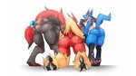 16:9 2020 agitype01 anthro anus avian_feet beak black_body black_fur blaziken blonde_hair blue_eyes blush bodily_fluids butt claws fangs female flat_chested fluffy fluffy_tail fur generation_3_pokemon generation_4_pokemon generation_5_pokemon genitals group hair hi_res kneeling lucario multicolored_body multicolored_fur nintendo open_mouth open_smile pokemon pokemon_(species) presenting presenting_hindquarters pussy red_body red_eyes red_fur red_hair simple_background smile spikes sweat tail take_your_pick teeth third-party_edit white_background widescreen yellow_body yellow_fur zoroark