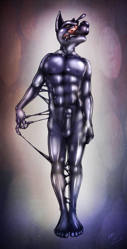 5_fingers 5_toes abs abstract_background bulge detailed_bulge feet fingers genital_outline genitals goo_transformation latex male mid_transformation nipples penis penis_outline solo toes transformation koryleo canid canine canis domestic_dog human mammal symbiote 2017 dated hi_res signature