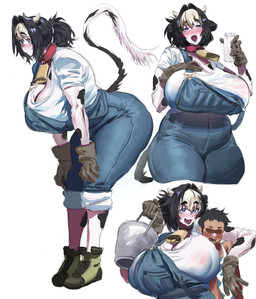 belly big_breasts blush bovine_ears breasts clothed clothing collar cowbell duo female female_focus female_humanoid fully_clothed gloves handwear horn huge_breasts humanoid_focus larger_female larger_humanoid male male_human milk nipple_outline overalls raised_tail shirt simple_background size_difference slightly_chubby smaller_male standing tail thick_thighs topwear wet wet_clothing wet_shirt wet_topwear white_background white_body white_skin wide_hips reallycute456 kemonokko_tsuushin_ushi_musume_bell bell_(kemonokko_tsuushin) animal_humanoid bovid bovid_humanoid bovine bovine_humanoid cattle cattle_humanoid holstein_friesian_cattle human humanoid mammal mammal_humanoid absurd_res hi_res
