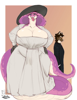 anthro apode big_breasts breasts cleavage clothed clothing cosplay curvy_figure dress female hat headgear headwear huge_breasts larger_female legless male serpentine simple_background size_difference smaller_male snake_hood sun_hat sundress text thick_thighs tongue tongue_out voluptuous wide_brim_hat wide_hips hyucaze capcom resident_evil alcina_dimitrescu hyu yesenia_(character) bow_experiment_(resident_evil) cadou_host_(resident_evil) cobra draconcopode naga reptile scalie snake vampire absurd_res english_text hi_res