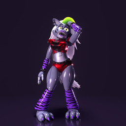 3_toes 4_fingers anthro arm_warmers armwear belt black_nose bottomwear breasts butt clothed clothing collar colored_nails crop_top ear_piercing ear_ring feet female fingers flashing_light genitals green_hair green_nails grey_body grey_hair grey_tail hair hotpants leg_warmers legwear lipstick machine makeup nails nude on_model open_mouth piercing pose purple_clothing purple_eyelids purple_lipstick purple_nails red_clothing ring_piercing rotating_shot shirt shorts shoulder_pads snout solo spiked_collar spikes tail teeth toes topwear vulva yellow_eyes epilepsy_warning piipperi wynn2_(modeler) five_nights_at_freddy's five_nights_at_freddy's:_security_breach scottgames steel_wool_studios roxanne_wolf animatronic canid canine canis mammal robot robot_anthro wolf 3d_(artwork) animated blender_(artwork) blender_cycles_(artwork) digital_media_(artwork) hi_res long_playtime turntable_(animation)