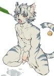 accessory anthro areola athletic athletic_anthro athletic_male balls bell chest_tuft drinking_water ear_tuft furgonomics genitals hair humanoid_genitalia humanoid_penis inner_ear_fluff kneeling male markings nipples nude open_mouth pawpads penis puddle solo striped_markings stripes tail tail_accessory tail_bell tuft milkybot onmyou_taisenki kogenta_(onmyou_taisenki) felid mammal pantherine tiger 2023 hi_res