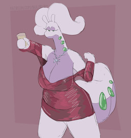antennae_(anatomy) anthro bent_arm beverage big_breasts breasts cleavage closed_frown clothed clothed_female clothing collarbone container cup dress eyelashes female female_anthro frown frowning_at_viewer green_eyes holding_beverage holding_container holding_cup holding_object jewelry lidded_eyes light mitten_hands mouth_closed multicolored_body multicolored_skin multicolored_tail necklace no_pupils non-mammal_breasts pink_antennae pink_body pink_skin pink_tail pokemorph purple_body purple_eyelids purple_skin purple_tail red_background red_clothing red_dress simple_background solo standing tail text thick_tail thick_thighs buleruby nintendo pokemon fan_character gooby_(buleruby) generation_6_pokemon goodra pokemon_(species) 2025 absurd_res colored digital_drawing_(artwork) digital_media_(artwork) hi_res lighting portrait three-quarter_portrait url