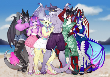 anthro beach blue_body bottomwear claws clothed clothing denim denim_bottomwear denim_clothing denim_shorts detailed_background eyelashes female footwear grey_body group horn hug jewelry looking_at_viewer male mask open_mouth outside pink_body purple_body red_body scales shoes shorts simple_background skirt small_waist smile standing swimming_trunks swimwear tail thick_thighs topwear wide_hips wings onomari mythology wings_of_fire pyrope_(genericdef) vapourer dragon icewing_(wof) mythological_creature mythological_scalie nightwing_(wof) reptile scalie seawing_(wof) silkwing_(wof) skywing_(wof) digital_drawing_(artwork) digital_media_(artwork) hi_res