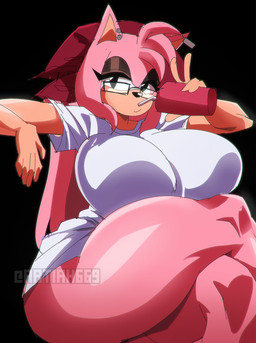 anthro beverage big_breasts breasts clothing crossed_legs drinking ear_piercing eyeshadow eyewear female glasses hair kerchief long_hair makeup piercing pink_body shirt sitting solo tan_body tan_skin thick_thighs topwear peachpie669 sega sonic_the_hedgehog_(series) fan_character v_rose_(peachpie669) eulipotyphlan hedgehog mammal hi_res