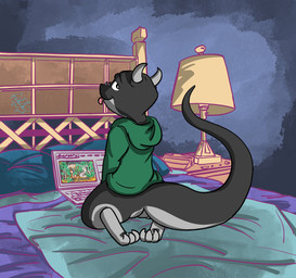 anthro bed blep bottomless clothed clothing computer countershading electronics furniture hoodie lamp laptop looking_back male pawpads paws solo tongue tongue_out topwear dumderg dumderg's_signature_cutie topi_(topicoatl) kobold scalie absurd_res hi_res