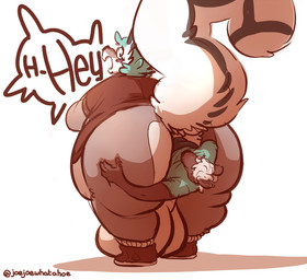 ambiguous_gender anal anal_vore anthro anus backsack balls belly big_balls big_belly big_butt big_tail blush bottomless butt butt_grab clothed clothing dialogue duo exclamation_point fluffy fluffy_tail footwear genitals hair hand_on_butt huge_balls huge_butt hyper hyper_balls hyper_genitalia looking_back male male/male raised_tail rear_view shirt shoes socks speech_bubble surprised t-shirt tail text thick_thighs topwear vore joebluefox joe_(joebluefox) ambiguous_species canid canine fox mammal english_text