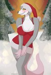 absurd_res american_opossum anthro breasts christmas christmas_clothing christmas_headwear clothing detailed_background female hat headgear headwear hi_res holidays idi.opossum idi_(idi.opossum) mammal marsupial plant pose santa_hat smile solo tree yellow_eyes