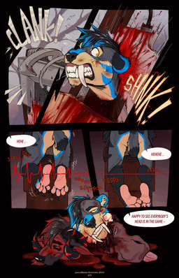 anthro blood blood_puddle bodily_fluids clenched_teeth corpse death decapitation dialogue execution fangs feet fur gore guillotine hair horn male male_death sabertooth_(anatomy) severed_body_part severed_head speech_bubble tail teeth text toes tongue tongue_out porcumoose_artistries zuul_(saerro) bovid caprine caprine_demon deer demon felid goat goat_demon mammal moose new_world_deer prehistoric_species saber-toothed_tiger comic digital_media_(artwork) english_text hi_res