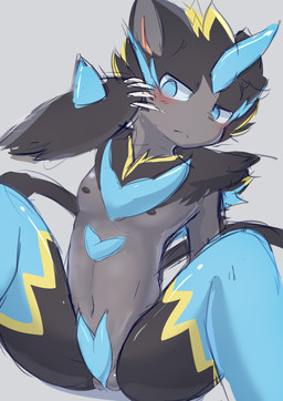 anthro anthrofied black_body black_fur black_nipples black_tail blue_eyes blush breasts claws fur grey_background male multicolored_body multicolored_fur nipples nude pokemorph simple_background small_breasts solo tail yellow_body yellow_fur popkage nintendo pokemon pokemon_legends_z-a felid generation_9_pokemon legendary_pokemon mammal mega_evolution mega_zeraora pokemon_(species) 2025 colored colored_sketch digital_drawing_(artwork) digital_media_(artwork) hi_res shaded sketch