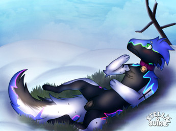 animal_genitalia animal_vulva bell bell_collar blue_body blue_fur blush canine_genitalia canine_vulva chest_tuft cloud cloudy_sky collar collar_only cross_(marking) detailed_background female feral fluffy fluffy_tail fur genitals glowing glowing_eyes glowing_genitalia glowing_vulva grass green_eyes head_tuft in_heat markings mostly_nude multicolored_markings nude paws plant rainbow_markings rgb_lighting shy sky snow solo tail tree tuft vulva white_body white_fur winter stellaamoris mythology junpei_(auroratabi) dragon furred_dragon furred_scalie mythological_creature mythological_scalie scalie absurd_res digital_drawing_(artwork) digital_media_(artwork) hi_res