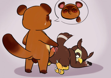 animal_genitalia anthro avian_butt backsack balls blush butt chibi cloaca duo feet genitals hot_dogging male male/male penis sex talons toes rainincoins animal_crossing nintendo blathers_(animal_crossing) tom_nook_(animal_crossing) avian bird canid canine mammal owl raccoon_dog tanuki
