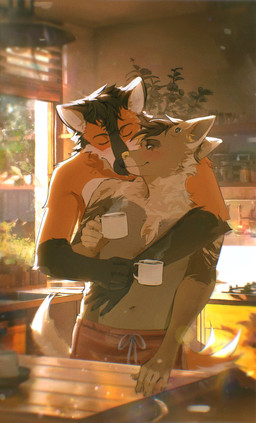 anthro backlighting bottomwear brown_body brown_fur brown_hair ceiling closed_smile clothed clothing container cup day detailed_background duo eyes_closed front_view fur hair holding_container holding_cup holding_mug holding_object hug hugging_another hugging_from_behind inside internal_wall kitchen leg_markings light looking_at_another male male/male male_anthro markings mouth_closed mug navel orange_body orange_fur plant smile socks_(marking) steam tail tan_body tan_fur topless wall_(structure) white_body white_fur monopoly360 eli_(themanedone) fennechino canid canine mammal maned_wolf digital_media_(artwork) film_grain hi_res lighting shaded