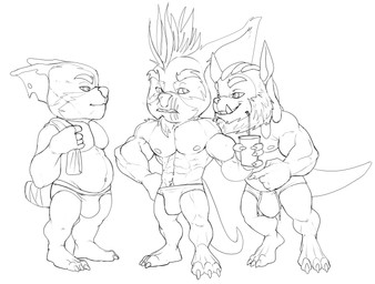 3_toes 5_fingers anthro bandage bandaged_tail barefoot beard bendy_straw big_deltoids big_ears big_head big_muscles big_pecs big_tail bulge claws clothed clothing container cup deltoids drinking_straw ear_size_difference ears_back eye_contact eyebrows facial_hair facial_scar feet fingers fluffy_ears frown gesture grin group hair half-closed_eyes hand_gesture hand_on_hip holding_container holding_cup holding_object holding_towel humanoid_hands lip_scar long_hair long_mane looking_at_another looking_at_partner male muscle_size_difference musclegut muscular muscular_anthro muscular_arms muscular_male muscular_thighs narrowed_eyes navel nipples open_frown open_mouth open_smile overweight overweight_anthro overweight_male pecs pivoted_ears plantigrade pointing pointing_at_another pubes quads scar short_anthro short_male simple_background skimpy slightly_chubby slightly_chubby_anthro slightly_chubby_male smile speedo standing swimwear tail thick_eyebrows three-quarter_view toes topless topless_anthro topless_male towel towel_on_shoulder trio white_background bristol wildstar bitter_(bristol) fan_character chua mammal 2021 absurd_res black_and_white digital_drawing_(artwork) digital_media_(artwork) full-length_portrait hi_res monochrome portrait