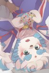 agyo_(tas) anthro asian_mythology belly blue_eyes blush bulge colored_nails east_asian_mythology eyebrows foo_dog fur hi_res hijirinoyuta japanese_mythology komainu lifewonders lying male mammal mythology nails on_back slightly_chubby solo thick_eyebrows tokyo_afterschool_summoners white_body white_fur yokai young