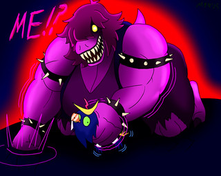 angry anthro armband asphyxiation biceps big_breasts bottomwear bracelet breasts choking claws cleavage clothed clothing collar deltoids duo female fist forearm_muscles forearms hair huge_breasts jewelry male male/female messy_hair muscular muscular_female pants saiyan_armor sharp_teeth size_difference snarling spiked_armband spiked_bracelet spiked_collar spikes teeth torn_bottomwear torn_clothing torn_pants triceps m4n deltarune undertale_(series) berdly susie_(deltarune) avian monster scalie 5:4 absurd_res hi_res