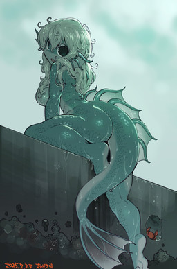 anthro big_breasts big_butt big_eyes breasts butt claws countershade_feet countershading ear_fins eyelashes feet female female_anthro fin fish_tail green_body green_eyes green_hair green_scales hair long_hair looking_at_viewer looking_back looking_back_at_viewer non-mammal_breasts nude open_mouth plantigrade rear_view scales soles solo thick_thighs toe_claws toes wet wide_hips sanjiro uo_(kaeritai07) ambient_arthropod ambient_crab ambient_crustacean ambient_sealife aquatic fish 2025 absurd_res hi_res japanese_description portrait signature three-quarter_portrait
