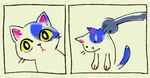 2_panel_comic ambiguous_gender black_eyes black_nose dot_eyes eyelashes feral holding_another mouth_closed paws pupils simple_background solo tail whiskers white_pupils yellow_sclera flavia-elric domestic_cat felid feline felis mammal 2021 animated animated_comic comic digital_media_(artwork) low_res short_playtime