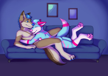 4_toes anthro anthro_on_anthro arm_around_partner arm_support arm_tuft backward_arm_support bent_arm bent_legs black_claws black_eyebrows blue_body blue_eyes blue_fur blue_hair blue_nose blue_pawpads blue_sofa brown_body brown_ear_tips brown_fur calves_up cheek_tuft chest_markings chevron_(marking) claws closed_smile countershade_face countershade_fur countershade_tail countershade_torso countershading cuddling detailed_background diamond_(marking) dipstick_ears dipstick_tail duo ear_markings elbow_tuft eyebrows eyes_closed facial_tuft feet finger_claws fur fur_markings furniture gloves_(marking) hair head_markings head_on_chest highlights_(coloring) inside interspecies leg_markings looking_at_another looking_at_partner lying lying_on_another lying_on_partner male male/male male_anthro markings mouth_closed multicolored_ears multicolored_tail nude_anthro nude_male on_front on_sofa open_mouth open_smile pawpads paws picture_frame pink_body pink_claws pink_ears pink_eyebrows pink_fur pink_markings pink_nose pink_pawpads pink_stripes pink_tail_tip pivoted_ears pointy_ears prick_ears purple_highlights raised_tail reclining ring_(marking) shadow smile socks_(marking) sofa striped_arms striped_back striped_body striped_fur striped_markings stripes tail tail_markings tan_body tan_countershading tan_fur tan_markings teeth_showing toe_claws toes tuft white_body white_countershading white_fur white_inner_ear unknown_artist rachybluefox rupert_(tcn100) canid canine canis domestic_dog fox mammal mixed_breed utonagan digital_media_(artwork) shaded