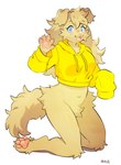 4_toes 5_fingers anthro blue_eyes blush bottomless bottomless_anthro bottomless_female breasts brown_body brown_fur brown_hair claws clothed clothing cropped_hoodie cropped_topwear cute_fangs feet female female_anthro finger_claws fingers floppy_ears fluffy fur gesture hair happy hoodie kemono kneeling long_hair looking_at_viewer navel open_mouth open_smile pawpads paws pink_nose simple_background smile solo tail toe_claws toes tongue topwear waving waving_at_viewer white_background miri canid canine canis domestic_dog mammal 2023 absurd_res digital_media_(artwork) hi_res