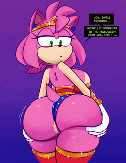 anthro big_breasts breasts butt butt_focus butt_grab butt_jiggle clothing cosplay crossover_cosplay crown dialogue eyelashes female fur green_eyes hair hand_on_butt hand_on_own_butt headgear jiggling legwear pink_body pink_fur pink_hair side_boob solo sparkles speech_bubble tail thick_thighs thigh_highs tiara wedgie wide_hips monamania dc_comics sega sonic_the_hedgehog_(series) amy_rose wonder_woman eulipotyphlan hedgehog mammal absurd_res crossover hi_res