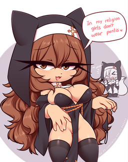 anthro big_breasts black_clothing black_robe black_thong black_underwear breasts chain christian_cross christian_symbol clothed clothing cross crucifix duo female gold_(metal) gold_chain no_underwear nun nun_habit nun_outfit religion religious_clothing religious_symbol robe solo_focus text thong underwear re-sublimity-kun christianity sega sonic_the_hedgehog_(series) chise_(re-sublimity-kun) fan_character domestic_cat felid feline felis mammal digital_media_(artwork) shaded