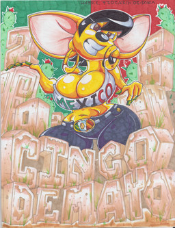 anthro belt big_breasts black_hair bottomwear breasts brown_eyes cactus clothing colored_nails crop_top ear_piercing ear_ring female fingernails fur green_fingernails green_nails hair holidays nails navel pants piercing plant ring_piercing shirt smile solo teeth text thick_thighs topwear wide_hips yellow_body yellow_fur virus-20 cinco_de_mayo sabana_(virus-20) canid canine canis chihuahua domestic_dog mammal toy_dog 2026 english_text hi_res spanish_text traditional_media_(artwork)