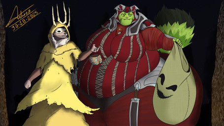 anthro armor bag black_body black_fur brown_body brown_fur claws clothing cosplay costume duo female fluffy fluffy_tail fur green_body green_eyes green_fur holidays male mask morbidly_obese morbidly_obese_anthro morbidly_obese_female myrrah_(gears_of_war) neck_tuft night obese obese_anthro obese_female overweight overweight_anthro overweight_female pink_nose robe tail tan_body tan_fur torn_clothing tuft antares_alexanyel epic_games gears_of_war halloween microsoft terraria the_nightmare_before_christmas xbox_game_studios antares_lagos_de_muertos carol_fatcat hastur_the_king_in_yellow_(h.p._lovecraft) moon_lord oogie_boogie canid canine canis felid feline felis mammal mexican_wolf nahual wildcat wolf 16:9 hi_res widescreen