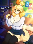 anthro big_breasts blonde_hair blush blush_lines bottomwear breasts cleavage clothed clothing female flirting fur hair legwear looking_at_viewer office office_clothing office_lady pencil_skirt secretary skirt smile smiling_at_viewer solo tail tail_motion tailwag thigh_highs yellow_body yellow_fur yumiiefox animal_crossing nintendo isabelle_(animal_crossing) canid canine canis domestic_dog mammal 3:4 absurd_res hi_res