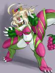 anthro big_breasts biped breasts clothed clothing female food fruit fully_clothed green_eyes grey_background pink_eyes plant simple_background solo tail san_ruishin mythology juicy_the_dragon dragon elemental_creature flora_fauna food_creature mythological_creature mythological_scalie scalie 3:4 hi_res