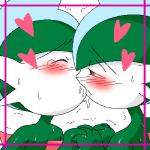 blush bodily_fluids duo hand_holding heart_symbol humanoid_on_humanoid kissing male male/male not_furry red_eyes sweat pasaran nintendo pokemon gallade generation_4_pokemon humanoid pokemon_(species) 1:1 low_res