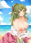 areola beach big_breasts biped breasts choker clothed clothing cloud collarbone female green_eyes green_hair hair humanoid_pointy_ears jewelry long_hair looking_at_viewer necklace nipples not_furry outside pointy_ears ponytail sand seaside sitting solo topless water kyousa38 fire_emblem fire_emblem_awakening fire_emblem_heroes nintendo tiki_(fire_emblem) humanoid manakete hi_res