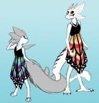 butterfly_pattern digitigrade duo female gradient_background horn looking_at_another midi_dress simple_background pogostix lunari_(pogostix) yari_litten_ve'rek alien silivar sur'ri hi_res