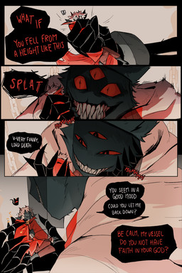 2_horns 3_eyes ambiguous_anthro ambiguous_gender anthro dialogue holding_character horn multi_eye red_eyes sharp_teeth speech_bubble talking_to_another teeth text aveloka cult_of_the_lamb massive_monster_(studio) lamb_(cult_of_the_lamb) the_one_who_waits bovid caprine domestic_cat felid feline felis mammal sheep 2025 2:3 comic digital_drawing_(artwork) digital_media_(artwork) english_text hi_res