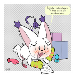 anthro blush claws clothing dialogue dildo egg_vibrator eyelashes female fur gesture gloves handwear heart_shaped_tail instructions masturbation open_mouth plug_(sex_toy) reading sex_toy sex_toy_insertion smile solo speech_bubble tail tail_gesture tail_heart text vibrator white_body white_fur mr_harinezumi bandai_namco digimon bianc_(el_senor_erizo) digimon_(species) felid gatomon mammal 1:1 absurd_res hi_res spanish_text translated