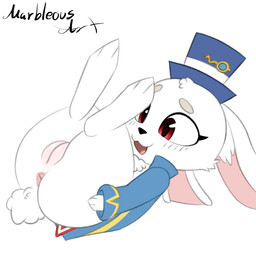 anus ass_up big_butt big_ears black_nose blue_clothing blue_hat blue_headwear blue_topwear blush blush_lines bottomless butt butt_focus chest_tuft clothed clothing coat cotton_tail digitigrade female female_feral feral floppy_ears fluffy fluffy_tail fur genitals happy hat head_tuft headgear headwear huge_butt long_ears lop_ears open_mouth partially_clothed pink_anus plump_labia presenting presenting_anus presenting_hindquarters presenting_vulva rear_view red_eyes short_tail simple_background smile solo submissive submissive_female tail thick_thighs tongue topwear tuft vulva white_background white_body white_butt white_fur white_tail white_vulva conditional_dnp marbleous shangri-la_frontier emul_(shangri-la_frontier) lagomorph leporid mammal rabbit 1:1