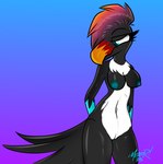 anthro belly bioluminescence blue_eyes blue_nipples breasts dyed_feathers embarrassed exhibitionism eyelashes female glistening glowing nipples nude solo white_belly meatyr caster_(meatyr) avian bird toucan