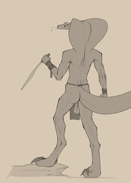 anthro arm_wraps backsack balls bottomwear butt clothing digitigrade genitals holding_object holding_weapon hood ineffective_clothing ineffective_loincloth loincloth male rear_view saggy_balls solo weapon wraps bullchicken cobra legged_snake reptile scalie snake hi_res