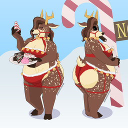anthro antlers bell black_nose brown_body brown_fur brown_hair candy candy_cane christmas_clothing christmas_cookies clothing cookie dessert eating eating_food eyes_closed female food fur hair holidays horn low_poly north_pole_position outdoor_background outside overweight overweight_anthro overweight_female snow solo standing missrockyqo christmas roxanne_(missrockyqo) 1:1 2025 3d_(artwork) digital_media_(artwork) english_description hi_res