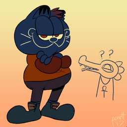 ambiguous_gender anthro cigarette clothed clothing crossed_arms duo female footwear humor looking_at_viewer parody question_mark shoes simple_background smug style_emulation what fluffygirlfriend garfield_(series) night_in_the_woods bea_santello garfield_the_cat mae_borowski alligator alligatorid crocodile crocodilian domestic_cat felid feline felis mammal reptile scalie 1:1 2017 meme signature