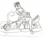 anthro bdsm bound breasts collar dominant dominant_female duo eyewear female glasses male submissive submissive_male tail whiskers conditional_dnp moodyferret sinclaire american_opossum chinchilla chinchillid mammal marsupial rodent 2004 traditional_media_(artwork)