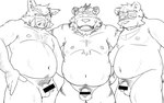 anthro balls belly censor_bar flaccid foreskin genitals group humanoid_hands ineffective_censorship kemono long_foreskin male male/male moobs navel nipples overweight overweight_male penis pubes simple_background white_background oogamikennta bear felid mammal pantherine suid suine sus_(pig) tiger wild_boar 2019 censored monochrome